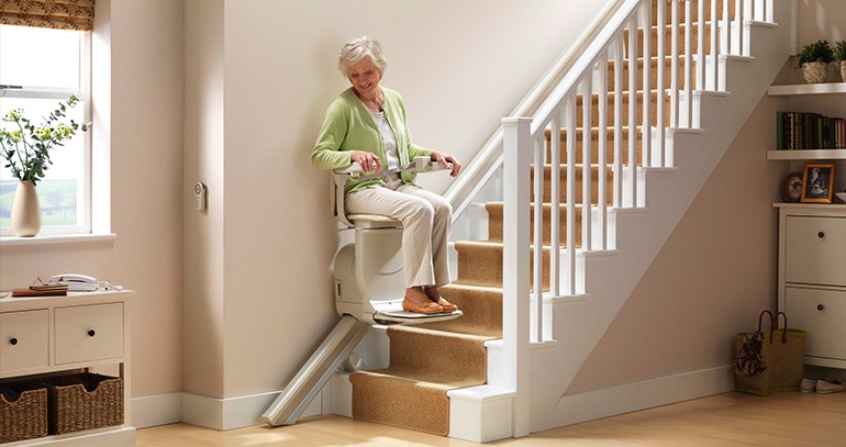 Stair Lift Wheelchair Near Syracuse Ny Image Of Happy Elderly Woman Using Stair Chair From Syracuse Elevator Company